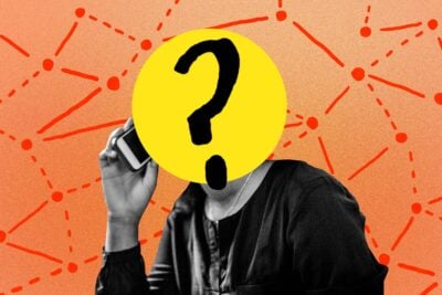 A person making a phone call with a question mark superimposed over their face, with a network grid hovering behind the figure.