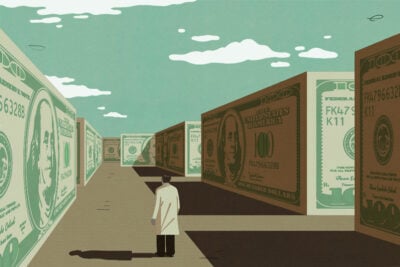 An illustration of a doctor navigating a maze made of $100 dollar bills.